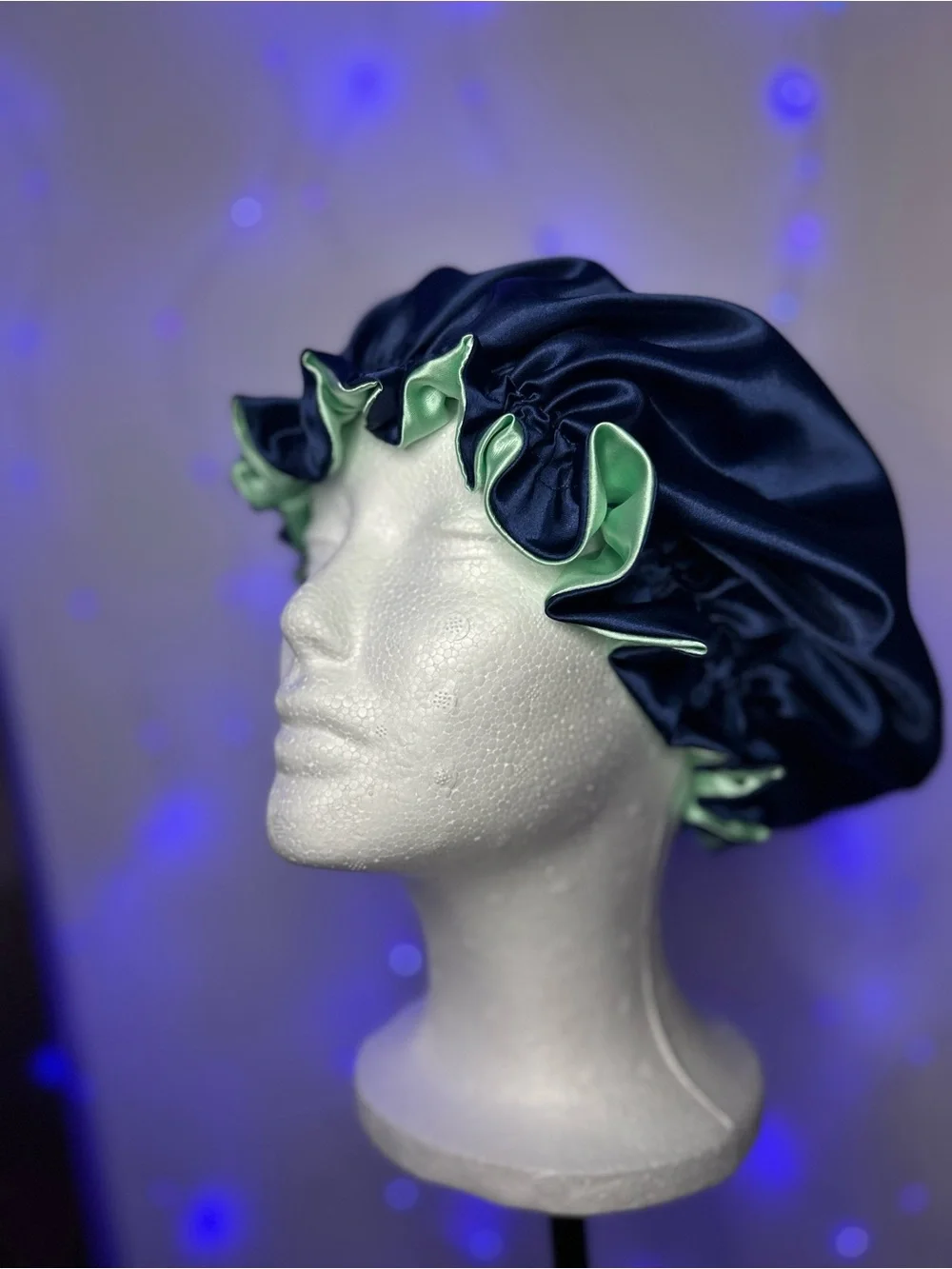 Satin Double-Ruffle Bonnet - Navy and Mint